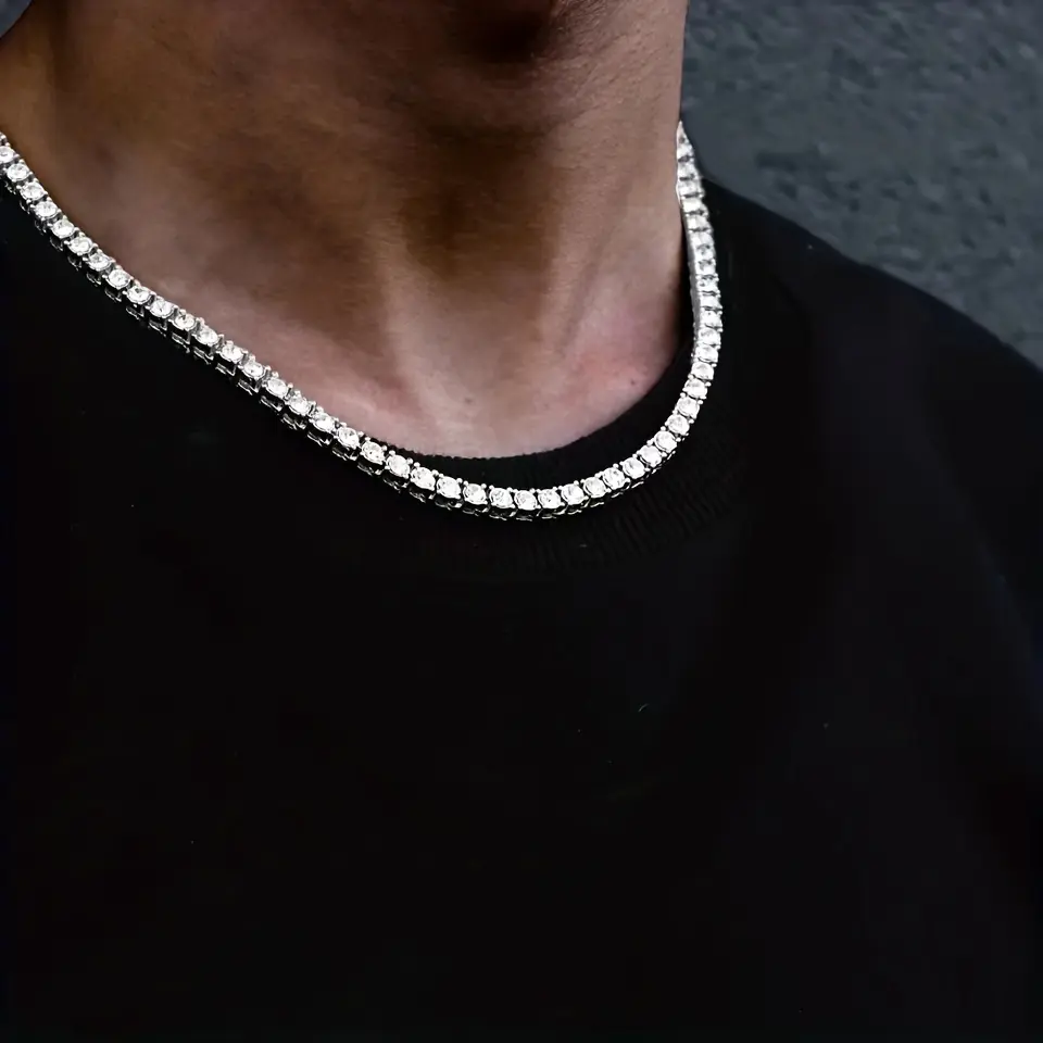 1pc Men's Hip Hop Rap Hipster Full Zinronia Necklace - Square Faux Rhinestone Zircon Neck Chain - Luxury Versatile Jewelry For Men And Women -  For Fashionable Individuals - Perfect Father's Day Gift
