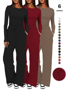 Women's Fitted Two-Piece Lounge Set, Ruched Tee & Drawstring Pocket Pants with Organic Fabric, Casual Daily Wear
