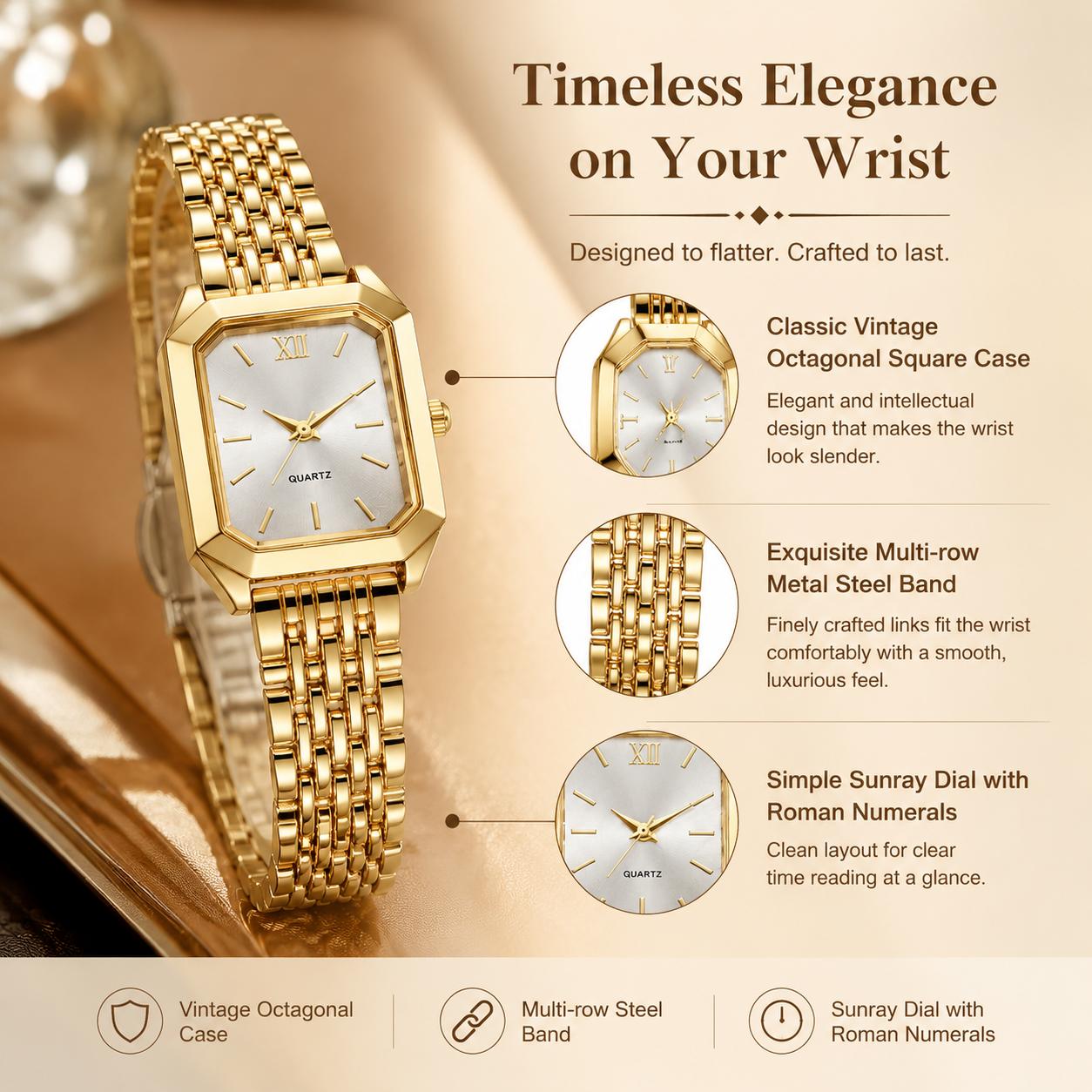 Luxury Ladies Fashion Quartz Watch Simple Scale Square Quality Gold Plated Women Watches Business, Gift Box & Adjuster & Gift for Her | Women's Lightweight Square Quartz Watch - Gold Analog, Elegant Vintage, Small Stainless Steel Bracelet Wristwatch, Girl