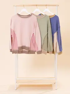 Women's Color Block, Mix Texture, Waffle Patchwork Oversize Crewneck Long Sleeve Polyester Sweatshirt, Womenswear Tops, S-XL