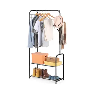 Clothes Rack, Sturdy Metal Clothes Rail with Shoe Rack and Hooks, Freestanding Clothes Rack for Coats, Shirts, Skirts, Handbag, Hat Storage, Black