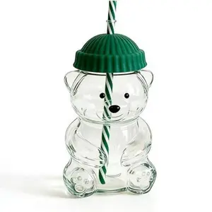 New Glass Bear Cup with Lids and Straws Cute 20oz Sippy Cups High Borosilicate Material for Coffee, Beer, Wine, Tea, Cocktails & Smoothies – Ideal for Drinks & Gift