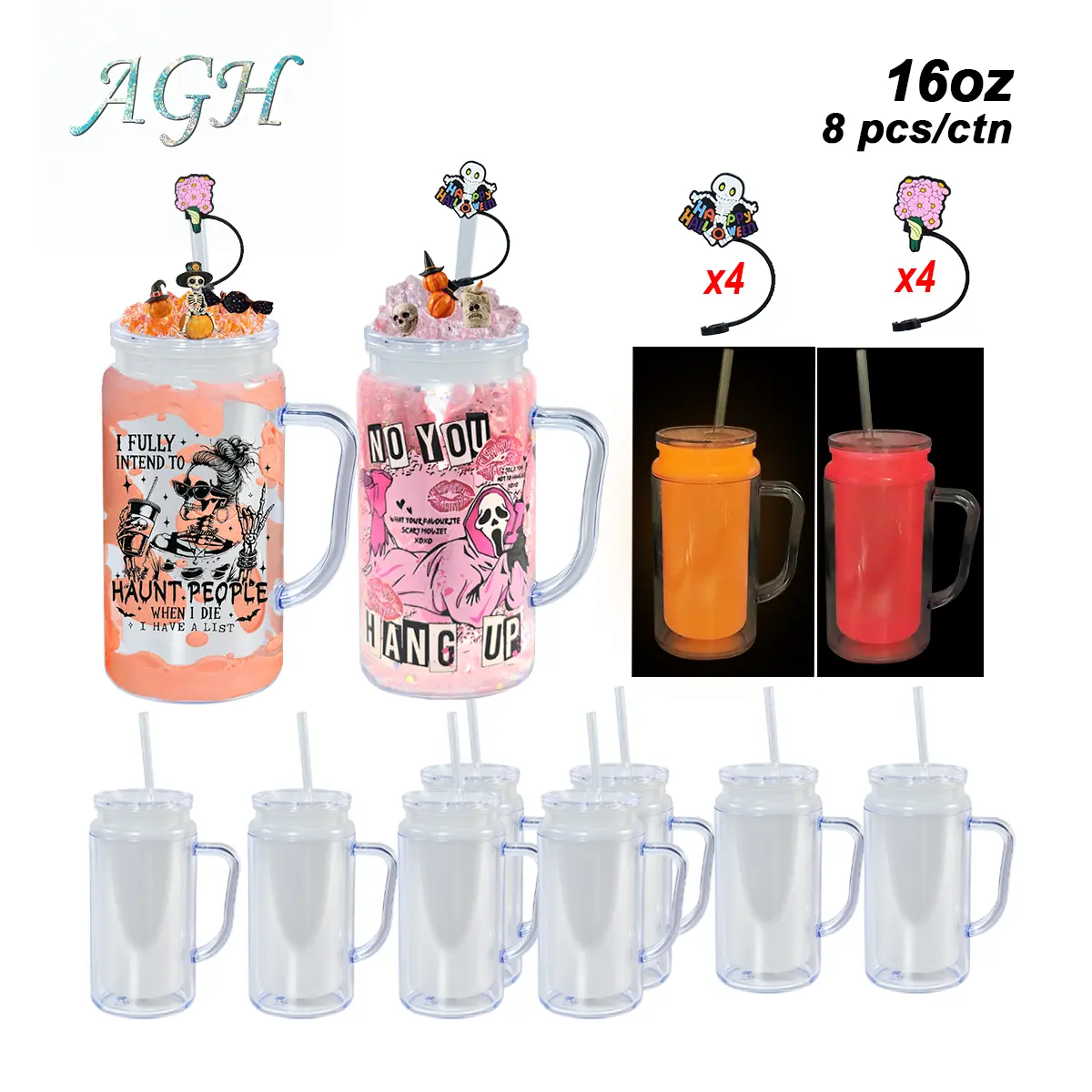 AGU US 8pcs/cartoon 16OZ GLOW TO DARK Red&Orange color Double wall plastic Snow globe handle tumbler For DIY GIFT Halloween Party decor, With Pre Drilled Hole And Plugs