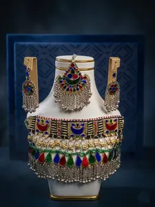 Luxury Boho Statement Jewelry Set – Colorful Tribal Choker Necklace with Earrings & Headpiece | Vintage Afghan Ethnic Bridal Jewelry Set for Women.