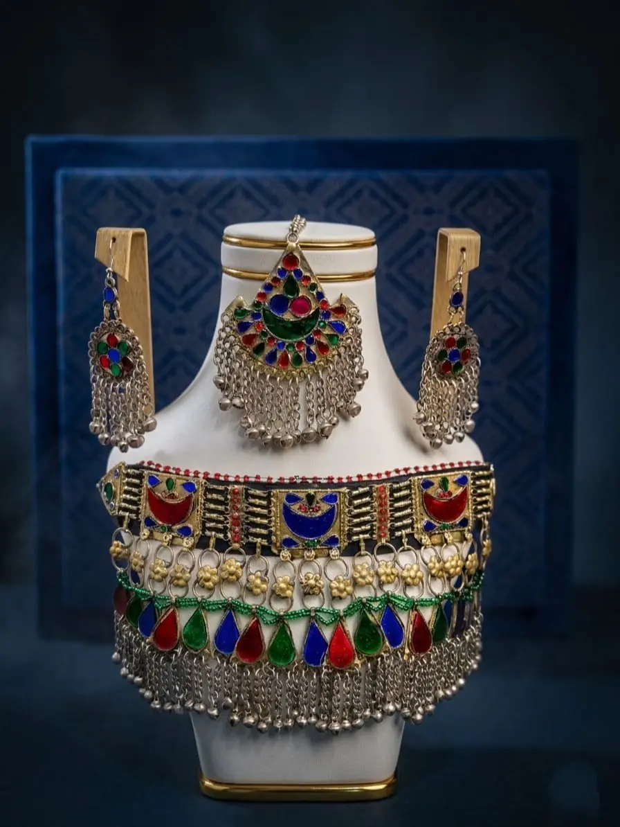 Women's Luxury Boho Statement Artificial Gemstone Jewelry Set - Colorful Tribal Beads-Metal-Alloy Choker Necklace, Hook Earrings & Headpiece, Vintage Afghan Ethnic Wedding Set for Brides-Females