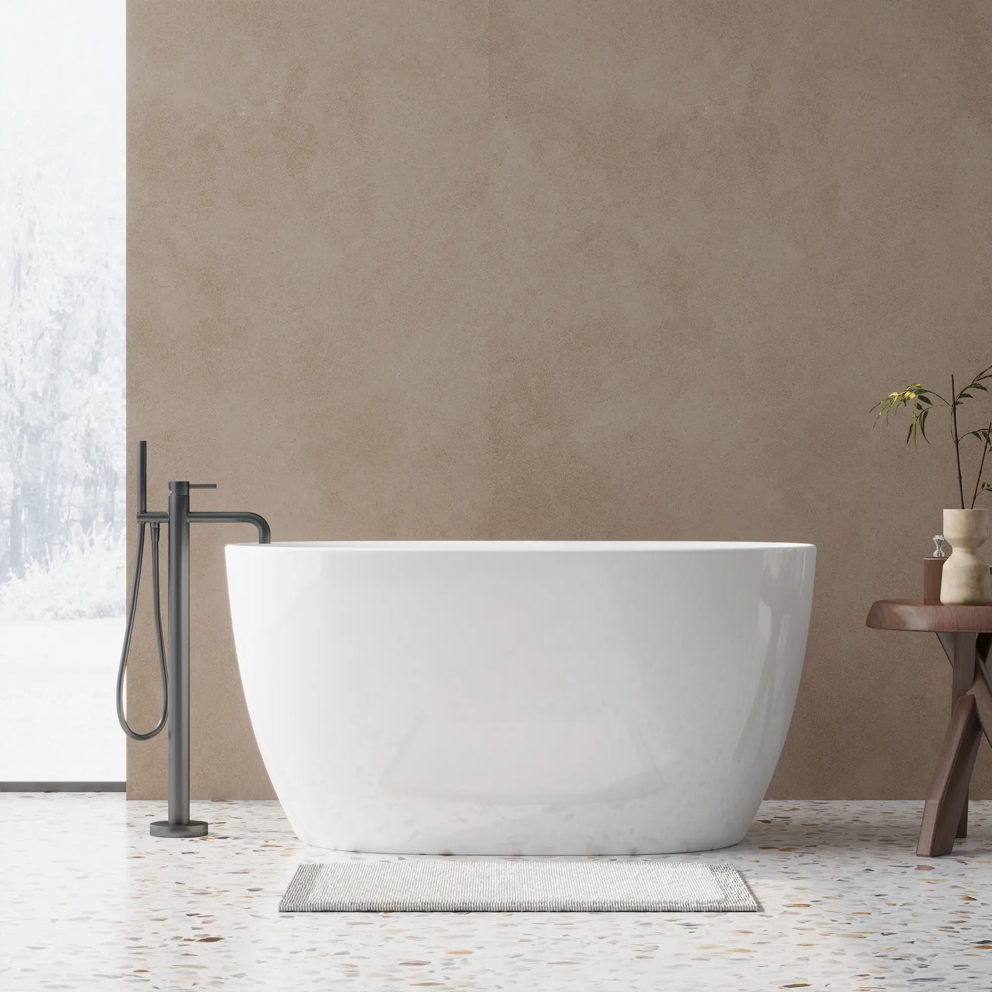 Oval Freestanding Soaking Bathtub, 47-Inch Acrylic, Gloss White, Contemporary, Center Drain with Chrome Overflow & Pop-Up, CUPC Certified, Double-Walled Insulation, Polished Finish