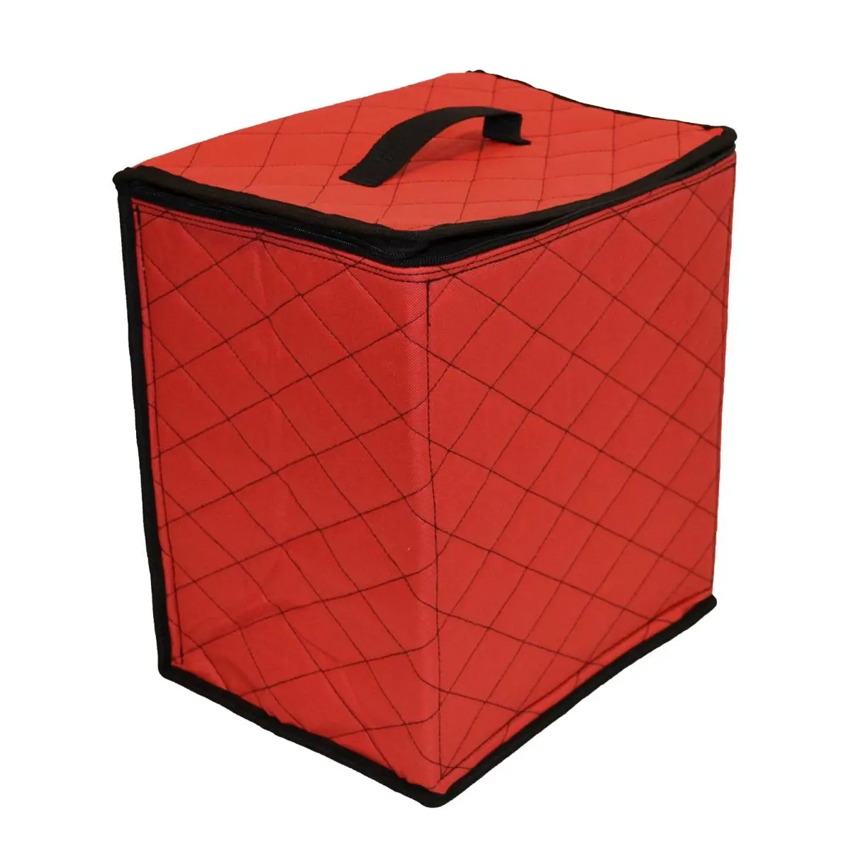 212 MAIN Plastic Quilted Zippered Christmas Ornament Storage Tub Organiser - 48 Ornaments Capacity, 3 In Max Size, Removable Trays, 13.75 x 12.75 x 9.75 in, Red-Black, Metal Components, 2 lbs Weight, Compartmentalized Lid-Equipped Box, With Compartments