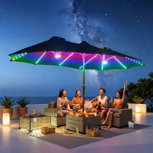 15ft Outdoor Double Sided Patio Umbrella With Base & Solar LED Lights Lighted, Patio Tables with Umbrella Hole, 10 Hours Of Lighting, Large Patio Umbrella With Crank Handle, Market Table Umbrella, Powerful UV Protective,  For Lawn Garden, Deck, Poolside