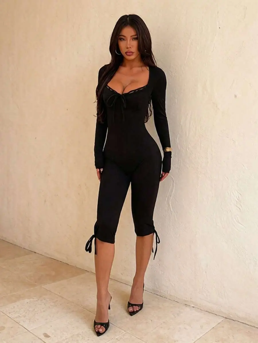 ZIVA Women's Summer Black Lace Trim Jumpsuit, Valentine's Day Outfit, Casual Knee-Length Jumpsuit, Suitable For Dates, Gatherings, Parties