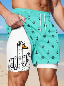 Men's Two-In-One Quick-Dry Beach Shorts, Fun Middle Finger Duck Ship Anchor Print, Drawstring Casual Summer Vacation Shorts, Swimwear Shorts, Swimming Shorts
