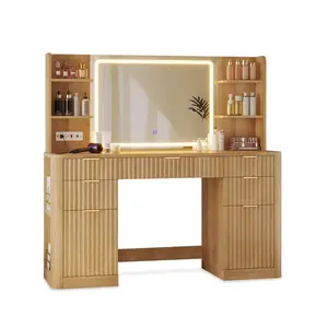 Sikaic 51.2" Fluted Makeup Vanity Desk with Large 30.3" Mirror and Lights, 5 Drawer Vanity with Power Strip, 6 Open Shelves, 2 Cabinets, Modern Dressing Table with Solid Wood Legs for Bedroom, Oak summervibes