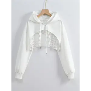Stylish & Comfortable Solid Color Hoodie - Women's Chic Polyester Crop Top with Mesh Panel Detail Casual Long Sleeve Pullover Drawstring Hood, Oversized for Spring/Summer/Fall Fabric Fit