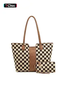 Large Capacity Checkered Shoulder Bag Set, Fashion Handbags and Purse Set, Checkerboard Purse, Durable Tote Bags with Wallet for Women, Top Handle Satchel Handbag, Professional Business Briefcase for Office Lady Works Travel