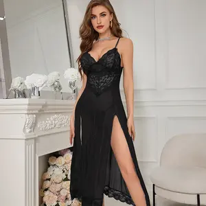 Women's Elegant Long Lingerie Dress |   Satin Slit Hem Chemise |   Romantic Date Night Intimates Sleepwear