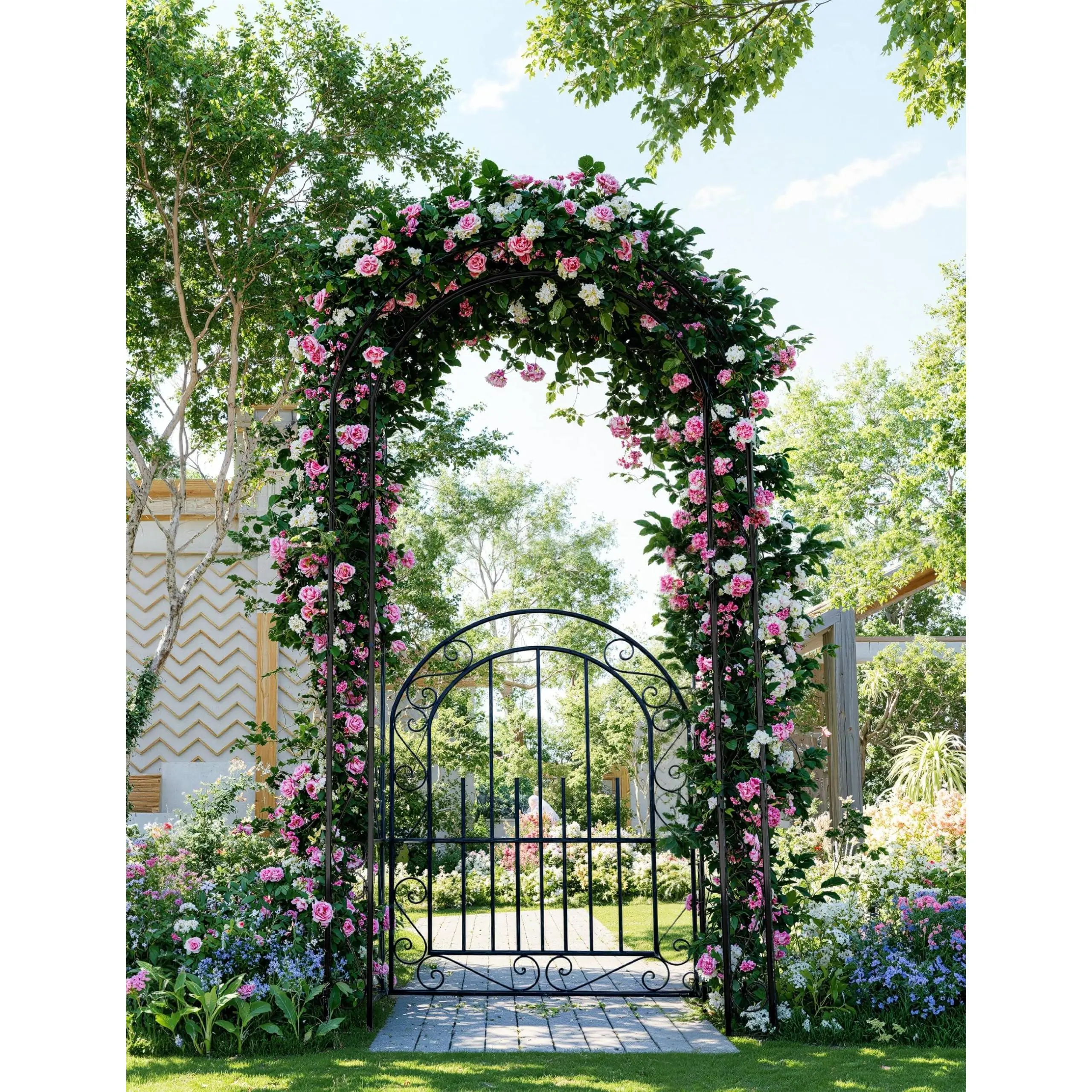 8FT Heavy Duty Powder-Coated Steel Garden Arch Trellis with Gate, Weatherproof Outdoor Frame with Stakes for Weddings, Holidays, Events, Climbing Roses & Supports Vines