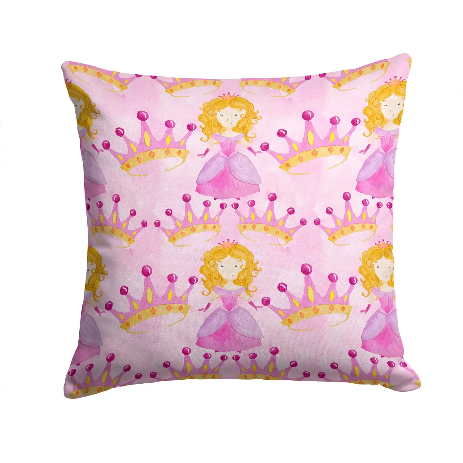 Watercolor Princess and Crown Decorative Throw Pillow 14x14 Indoor Outdoor Accent Cushion, Fabric Cover with Insert for Sofa, Bed, Porch & Living Room