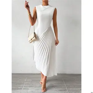 Maxi Pleated Hem Asymmetric Solid Raffin tiktok é a Color Patchwork Dress Women Outfit