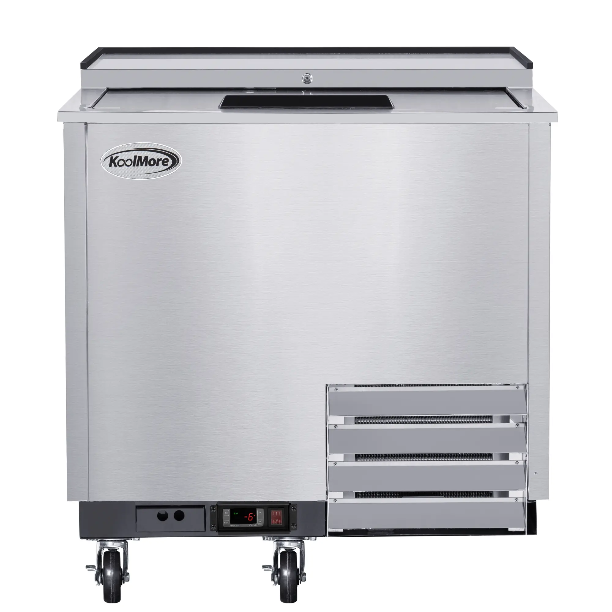 36 in. Commercial Glass Froster Refrigerated Display Freezer, Stainless Steel, ETL Listed, 9 cu. ft., 0-7°F, Adjustable, Bar Use, 5 Adjustable Shelves (KM-GF36-SS), Refrigerated Display Freezers, Five (5) Adjustable Shelves