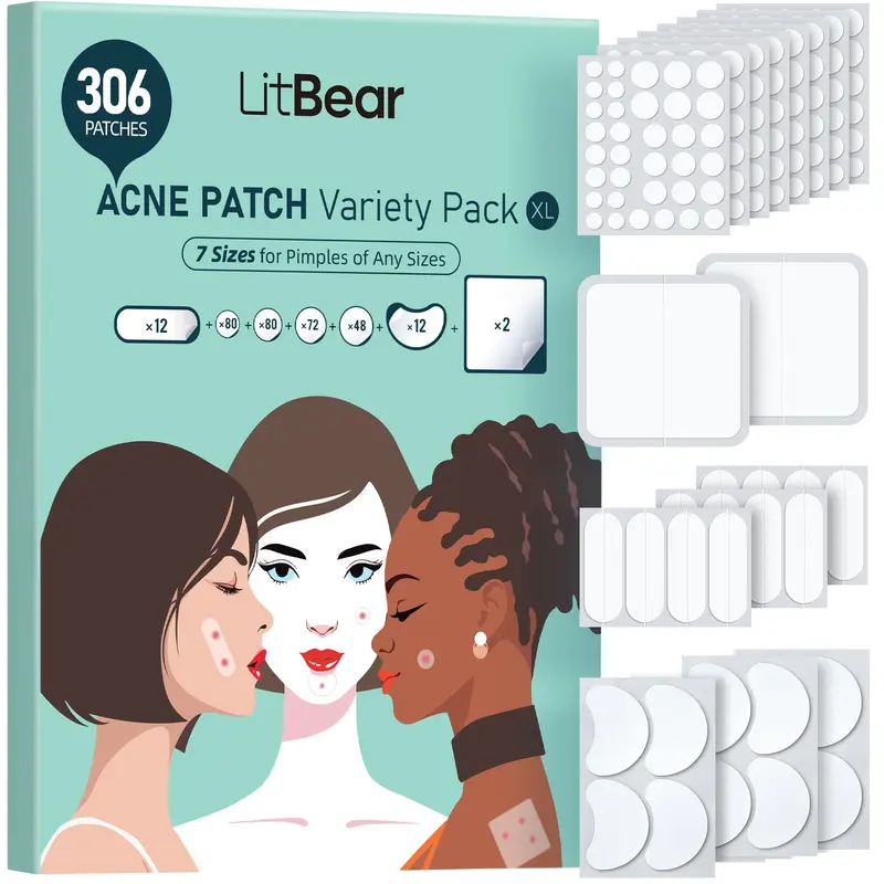 LitBear Large Hydrocolloid Pimple Patches Multi-Pack - 7 Sizes, 306 Count, XL Peel-and-Wear Hydrocolloid Bandages for Face Acne, Blemish-Prone Skin Repair, All Skin Types, Self-Care, Father Day Gift, No Excess Bulk, Acne Clearing Products