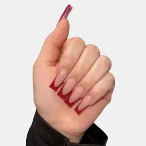 Long Square Press on Nails Red French Tip Fake Nails Squoval Glue on Nails Press on Artificial Acrylic Nails 24Pcs Glossy False Nails with Design