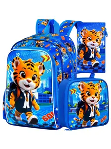 16" Kids Backpack for Boys, 3PCS Tiger Preschool Bookbags, Cool Kindergarten School Backpacks and Lunch Box