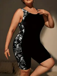 Women's Plus Size Fashion Casual Plant Print One-Piece Thong Slimming Backless Tropical Print Swimsuit, Fitted Style, Comfortable Swimwear