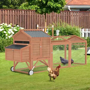 Large Chicken Coop with Wheels, 95" Wooden Chicken Coop with Run & 2 Nesting Boxes Hen House Poultry Cage Wooden Chicken Hutch