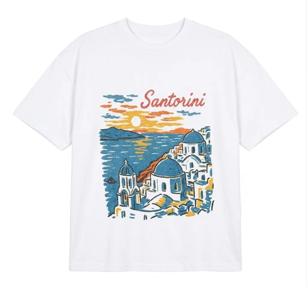 Women’s White Crew Neck Graphic Tee, Santorini Blue Dome Scenic Shirt, Greece Beach Vacation Ocean Sunset Print Short Sleeve Top, Coastal Travel Summer Casual T-Shirt
