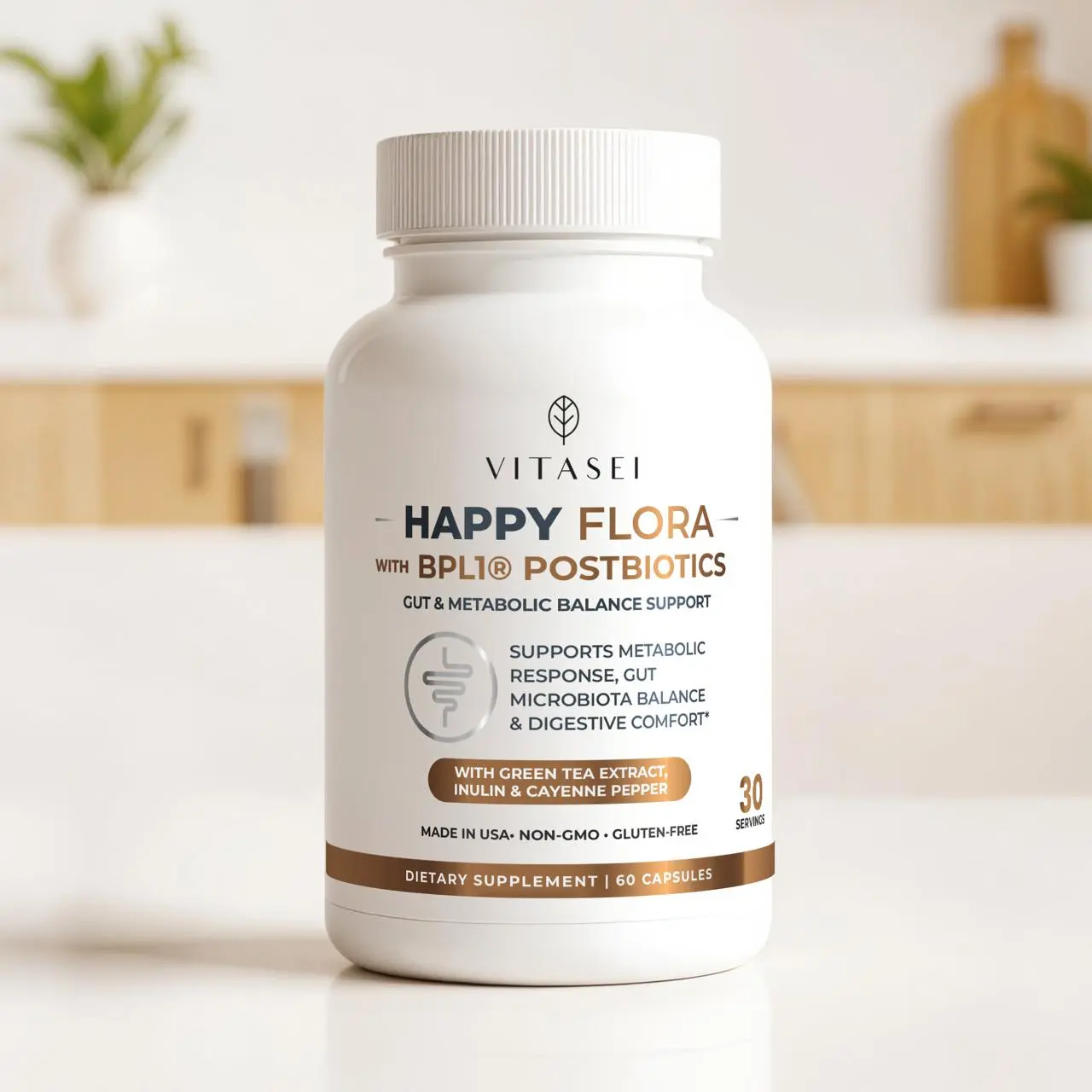 VITASEI Happy Flora BLP1 Postbiotic Supplement - Healthcare Support, Gut Balance, 60 Capsules