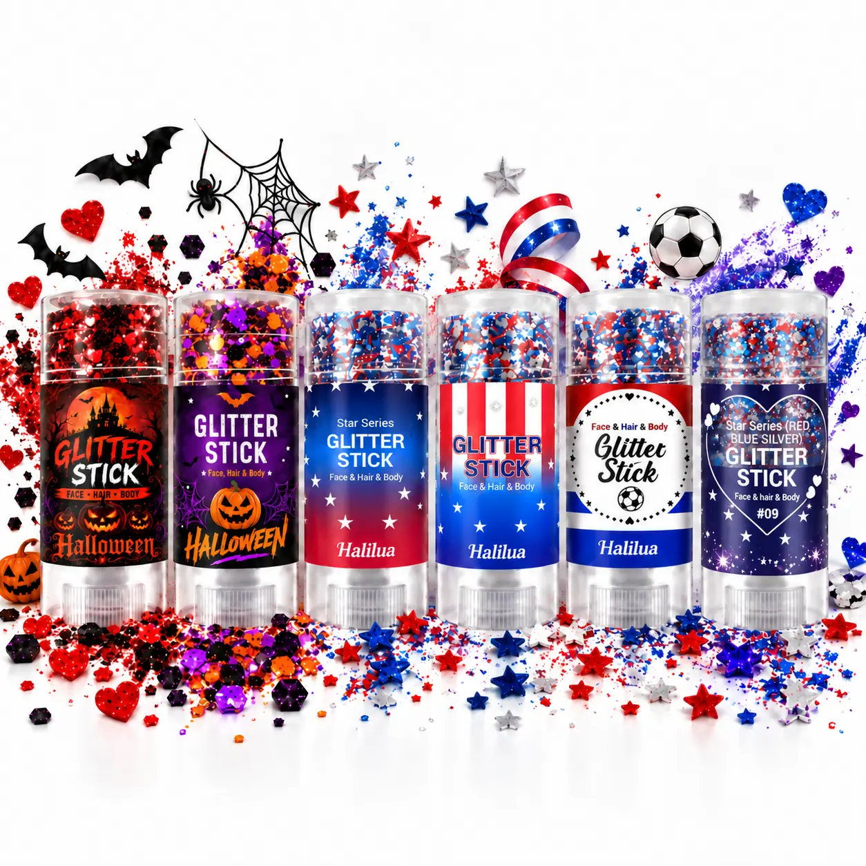 2 Pack Glitter Sticks, Mix & Match 1 of 2 Halloween Styles + 1 of 4 Glitter Styles, Face Hair & Body Glitter Makeup, Festival Party Sparkle