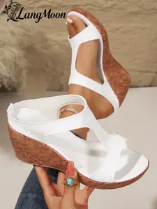 Langmoon 2026 Hollow Out Wedge Sandals, Cutout Strap, Back Zipper Design, Square Toe Open Toe, Heightening Comfortable Shoes