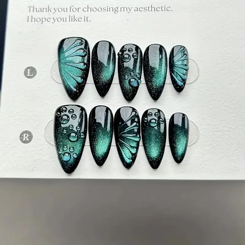 10pcs high-end Dark green cat-eye butterfly design handmade quality Glittering Fake Nails, Nails Art, Glossy Finish, Dark almond nail shape cat's eye nail decorative patch