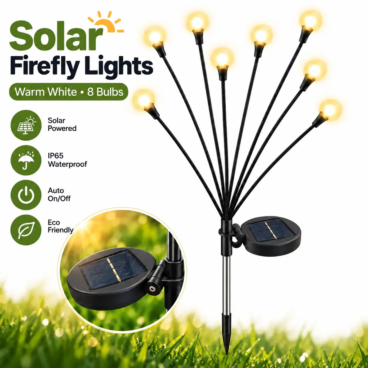 AURORA Solar Firefly Lights Outdoor, 8 LED Swaying Garden Stake Lights, IP65 Waterproof, Auto On/Off for Yard, Patio & Halloween Decor