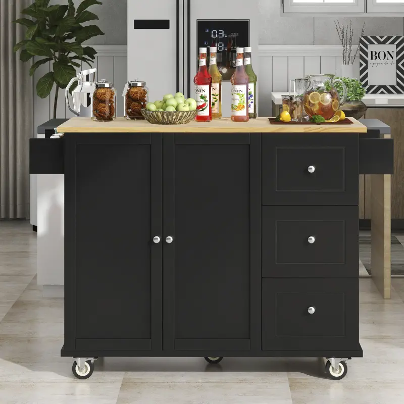 Rolling Mobile Kitchen Island with Solid Wood Top and Locking Wheels,52.7 Inch Width,Storage Cabinet and Drop Leaf Breakfast Bar,Spice Rack, Towel Rack & Drawer