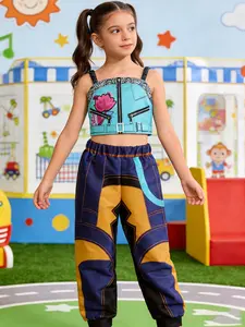 Girls' Halloween Costume Set, Short Printed Vest + Long Pants, Unique Digital Print Design, Party for Girls, Festival Wear