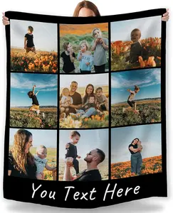 Custom Blanket Personalized Gifts with Photo Text, Made in USA, 9 Photos Customized Blankets with Own Pictures Present for Dad Mom Family Kids Men Women for Christmas Birthday Surprise-5 Sizes