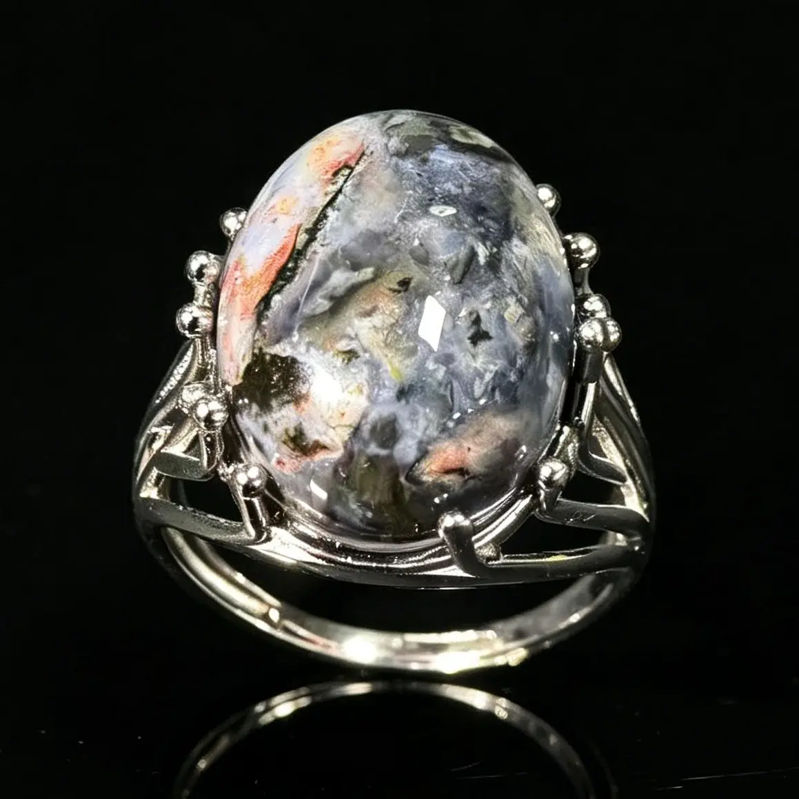 Natural Ocean Jasper 925 Silver Adjustable Ring | Artistic Statement