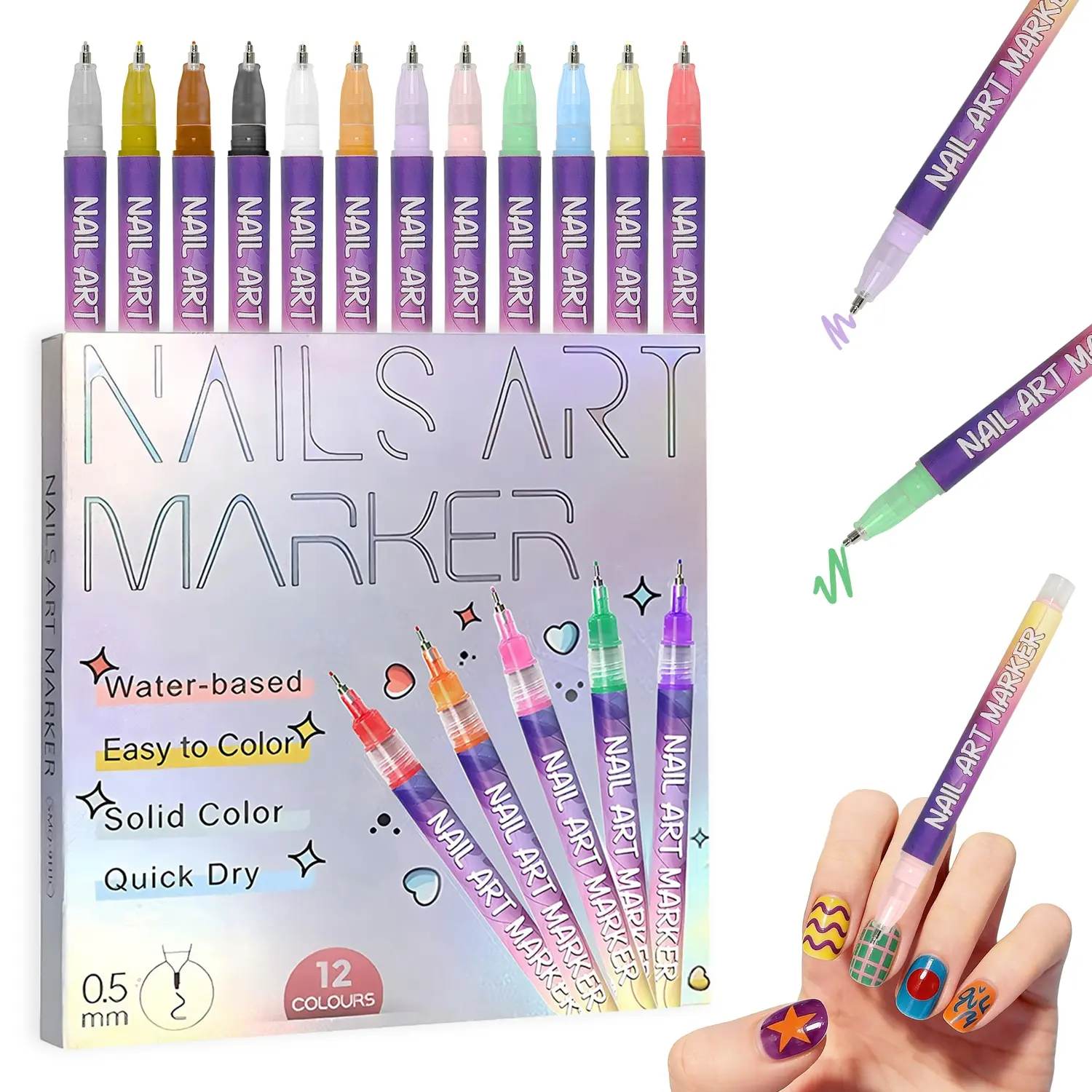 TERAISE 12-Color Nail Art Markers - 0.5mm Fine Tip Water-Based Polish, Quick-Dry, Glossy, Mess-Free, Full Coverage & Gentle Floral Designs, Gift for DIY Manicure, Nail Care, Shake Then Press