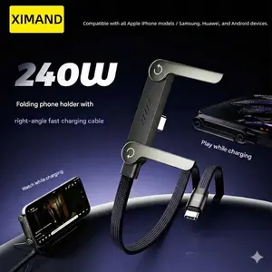 240W 2-in-1 Folding Stand Data Cable | Multi-Functional Type-C Charging & Data Sync Cable with Adjustable Angle Stand for Smartphones, Tablets, Laptops, and Gaming Devices