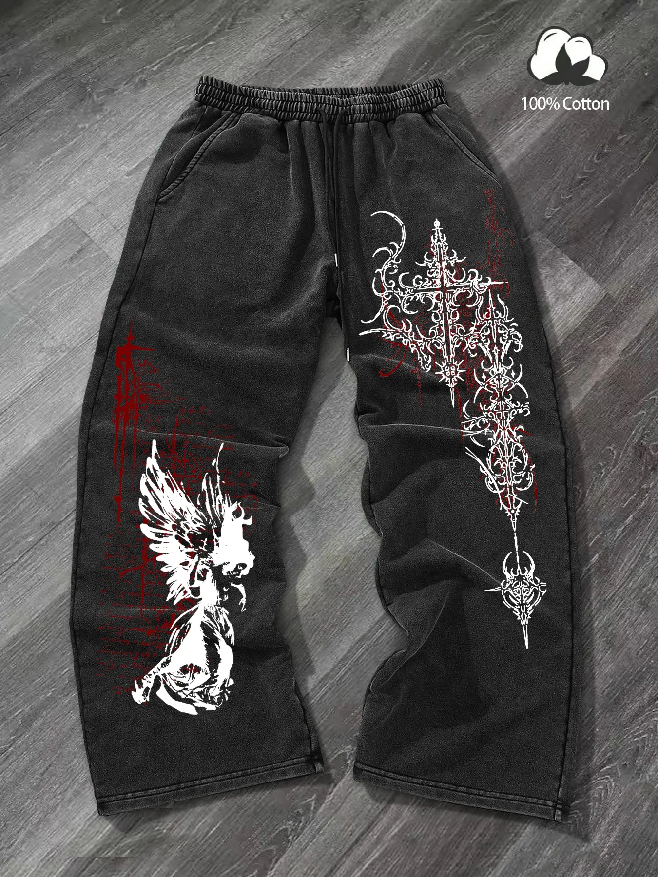 Unisex Gothic Angel & Cross Print Pants, Casual Streetwear Trousers, Loose Fit Casual Cotton Joggers, Dark Gothic Streetwear, Y2K Style, Emo Fashion, Fall & Winter, Gothic outfits