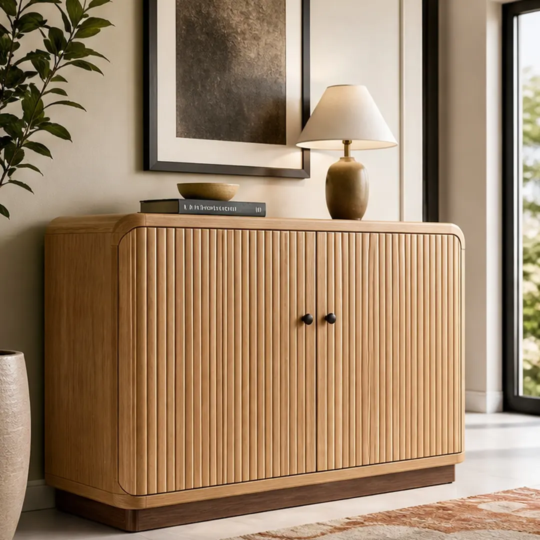 ARCH Mid-Century Fluted Front Sideboard Cabinet - Sturdy Walnut Natural Wood MDF, Grooved Panels, Robust Base, Adjustable Shelves, Quick Setup, 43.5W x 15.8D x 29.1H in, Storage Buffet for Dining/Living Room, Home Furniture Decor