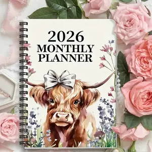 Elegant Floral Cow & Highland Cow Design Spiral Notebook, Monthly/weekly Layout, Perfect for Organizing Your Daily Tasks, Planner Notebook