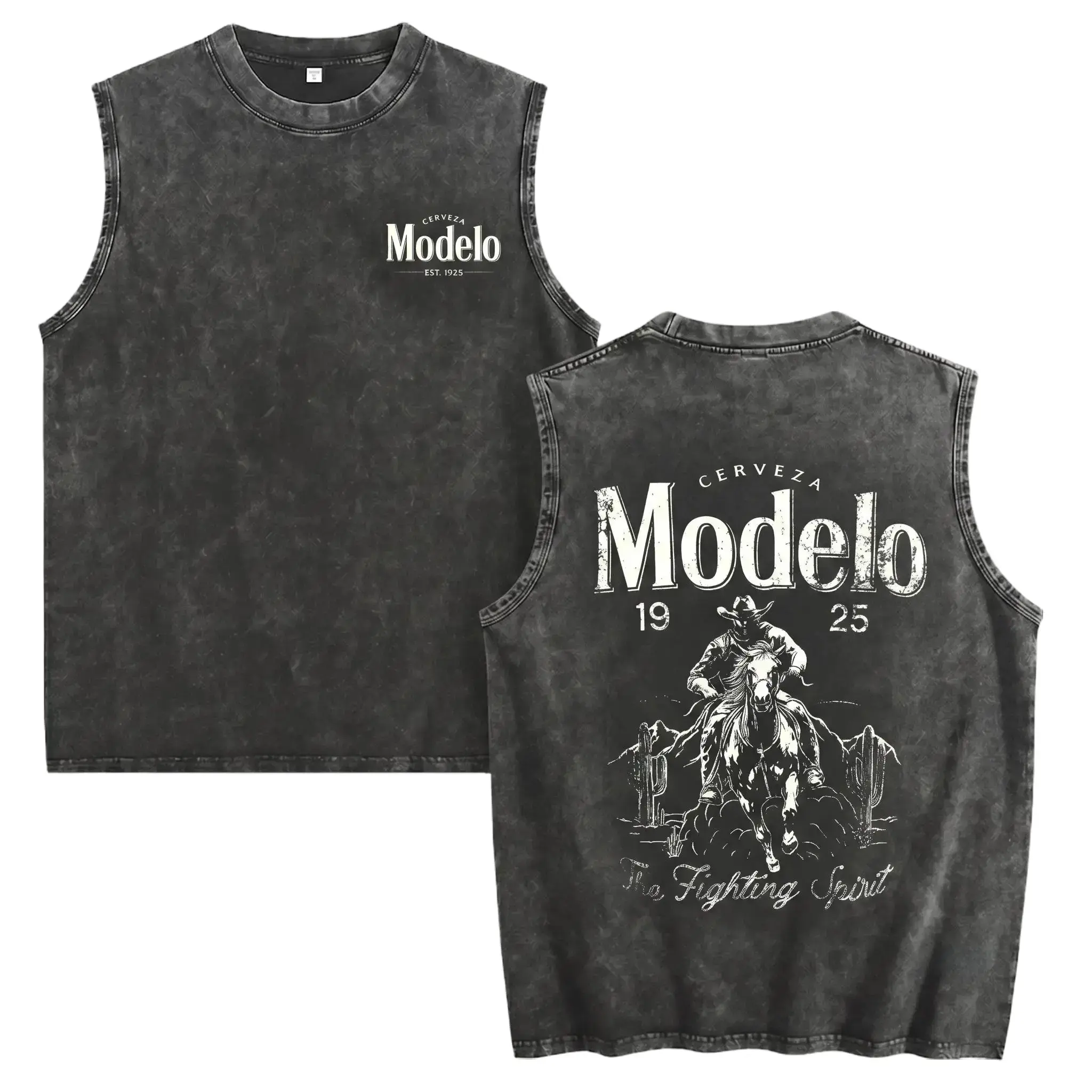 Men's Oversized 100% Cotton Retro Crew Neck Sleeveless Muscle Tee - Vintage Acid Wash Cowboy Graphic, Distressed Baggy Mens Clothing, Casual Outdoors Medium Length Streetwear