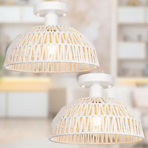 Rattan Ceiling Light Fixtures 2 Packs-White Rustic Woven Basket Flush Mount Ceiling Light, Handmade Wicker Ceiling Lamp, Rattan Chandelier For Kitchen Island, Hallway, Living Room, Bedroom, E26 Base