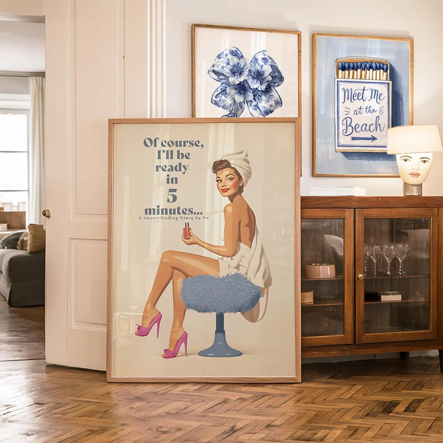 blue Bathroom Print  Retro Vintage Wall Art 70s Bedroom Poster blue Trendy Aesthetic Pin Up Girly Teenage Room Décor