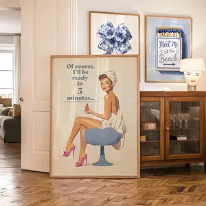 blue Bathroom Print  Retro Vintage Wall Art 70s Bedroom Poster blue Trendy Aesthetic Pin Up Girly Teenage Room Décor