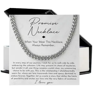 Promised Cuban chain necklace for boyfriend, waterproof stainless steel symbol of love commitment, comes with LED light wooden box, making it an ideal Valentine's Day and birthday gift