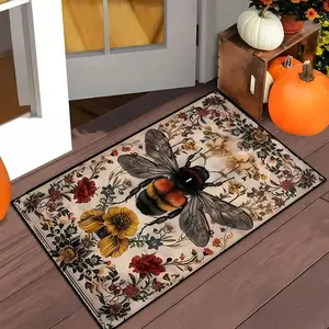 1PC Door Mat with Honeybee and Floral Elemental Styles Durable Halloween Decorations, Funny of Outdoor Indoor Door Mat, Bedside Blanket, Bathroom Mat, Small Floor Mat, Home Decor Rug for Spring, Summer, Fall and Winter