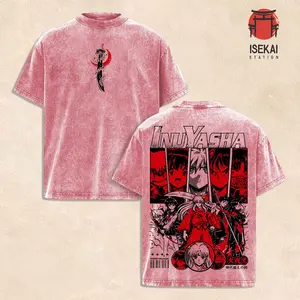 Inuyasha Kagome Higurashi Sesshomaru Kikyo Miroku Sango Shippo Anime Shirt Vintage Washed Oversized Tee Red Graphic Back Print Heavy Cotton Streetwear Manga Gift