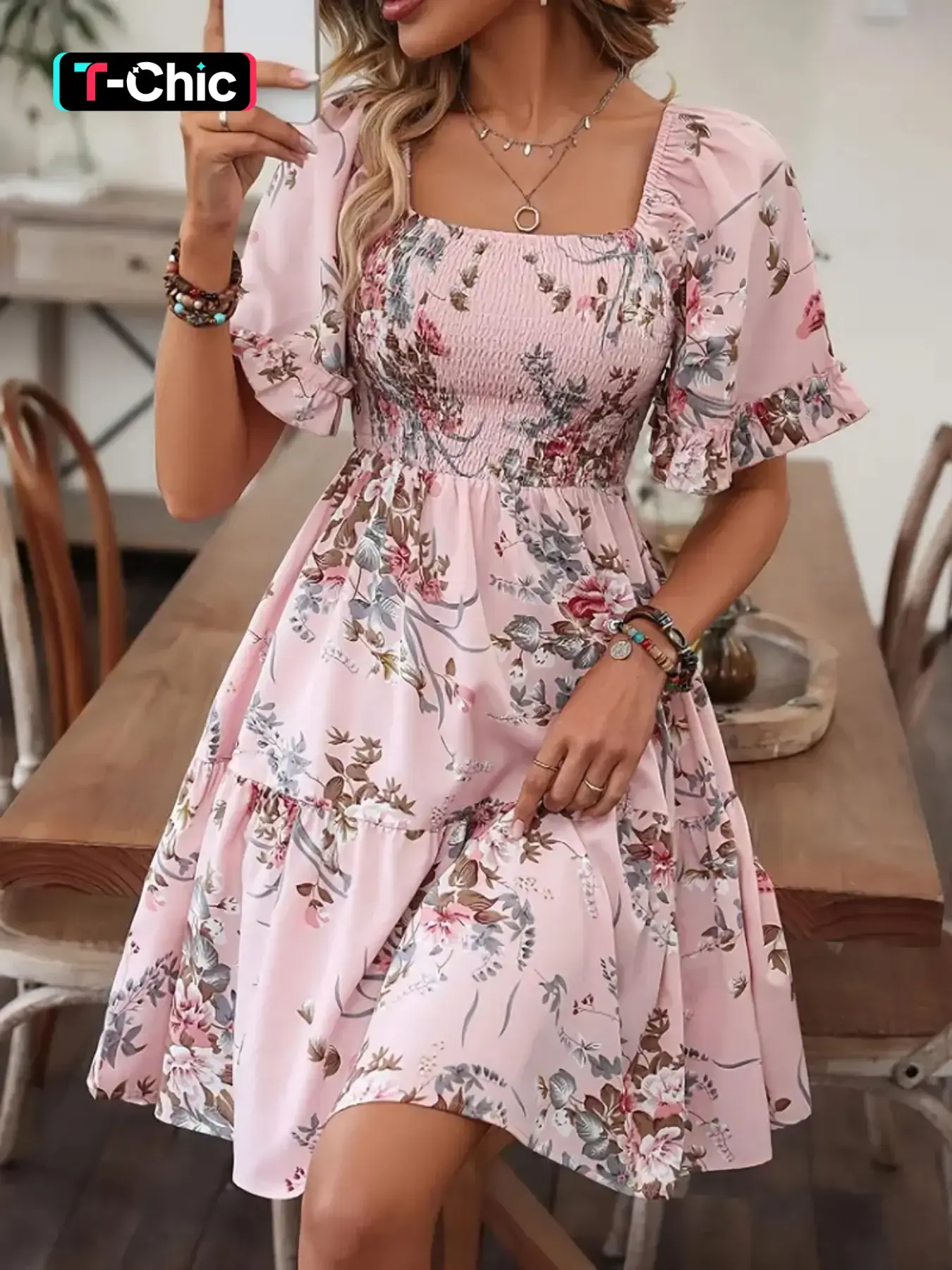 Women's Floral Print Ruffle Hem Shirred Slim Fit Woven A Line Dress, Casual Wear Boho Bohemian Romantic Flounce Sleeve Square Neck Short Dress for Beach Vacation, Ladies Summer Feminine Clothes - TikTok Women's Floral Print Ruffle Hem Shirred Slim Fit Woven A Line Dress, Casual Wear Boho Bohemian Romantic Flounce Sleeve Square Neck Short Dress for Beach Vacation, Ladies Summer Feminine Clothes - TikTok